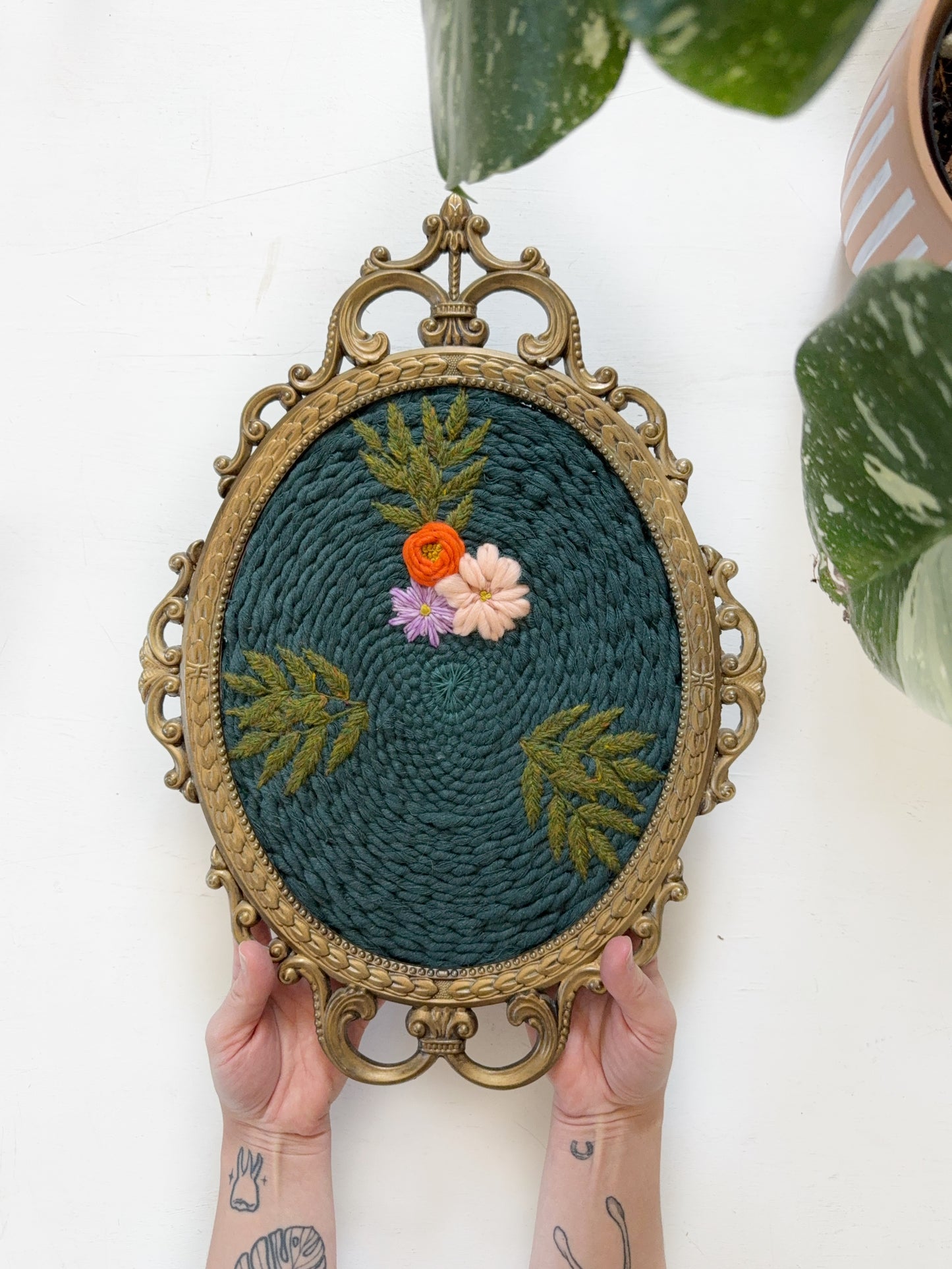 Large Embroidered Tapestry in Vintage Metal Frame