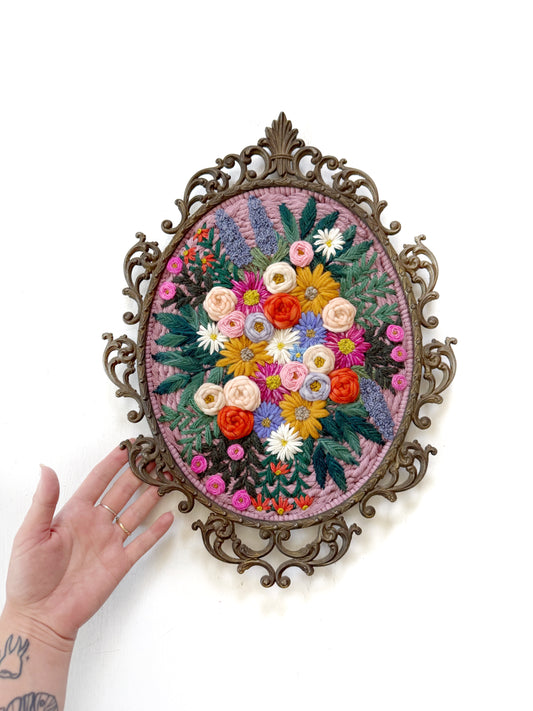 Large Embroidered Tapestry in Vintage Metal Frame