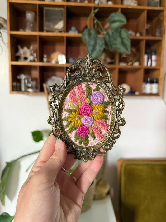 Vibrant Mini Embroidered Weaving in Vintage Frame