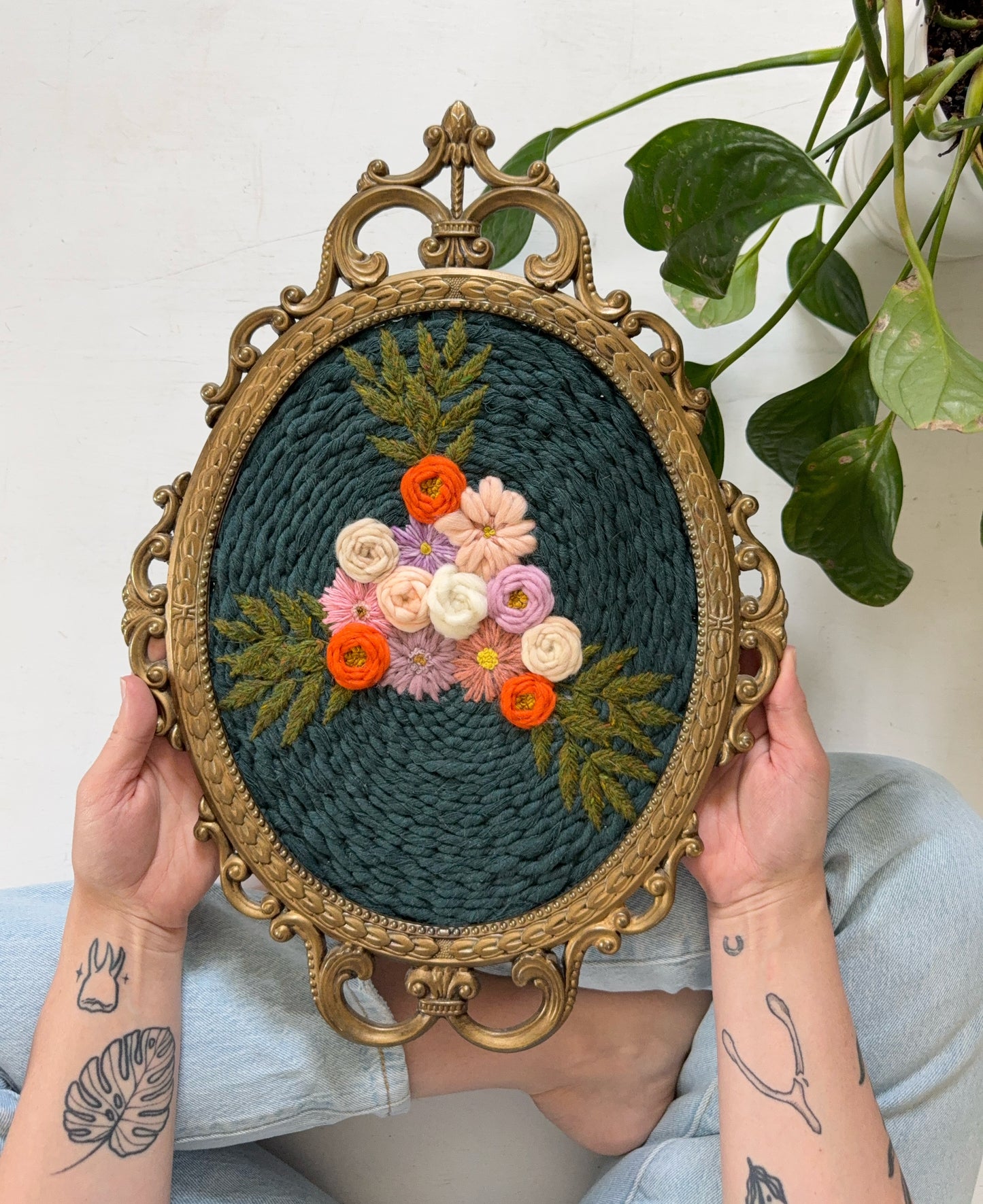 Large Embroidered Tapestry in Vintage Metal Frame